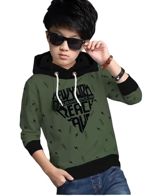 ATLANS Cloths Kids Boys & Girls Hooded Neck Full Sleeves Typography Printed T Shirt, Olive Green, Pack of 1